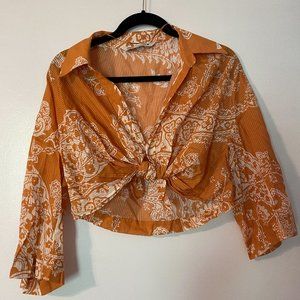 NWOT Zara Burnt Orange & White Printed Front Tie Crop Top